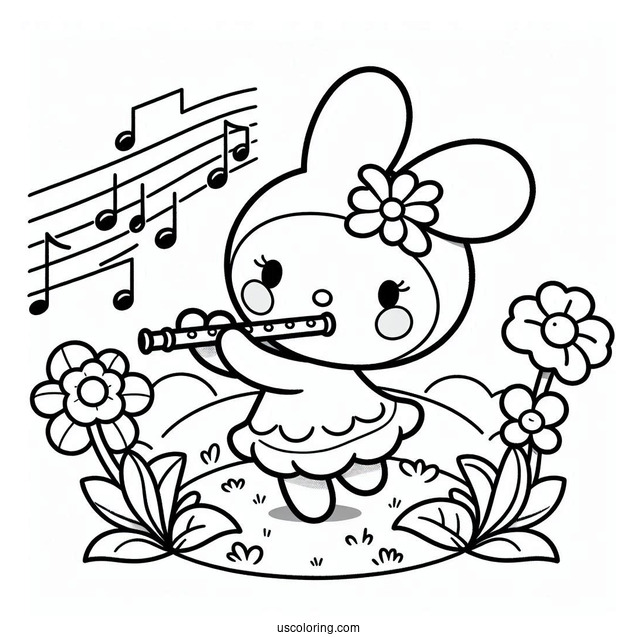 My Melody Coloring Page Playing Flower Flute While Rhythm Sings