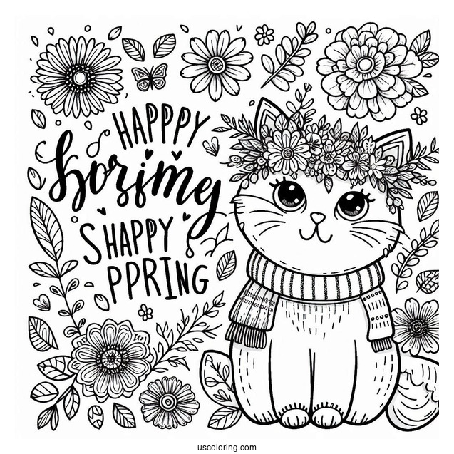 Happy Spring Words Above A Cat Wearing A Flower Wreath Coloring Sheet