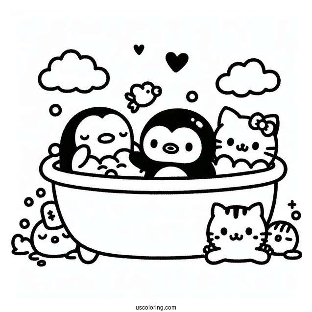 Sumikko Gurashi Coloring Page Of Penguin, Shirokuma, Neko, And Tonkatsu In Bath