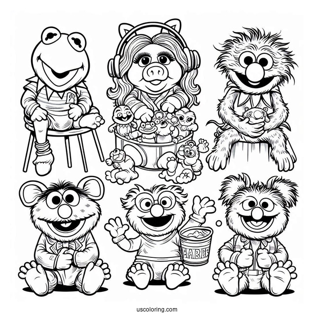Muppets Coloring Page Of Babies Kermit, Miss Piggy, Fozzie, Gonzo, Animal, Rowlf, And Beaker