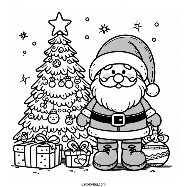 Santa Claus Beside A Christmas Tree On New Year Coloring Page