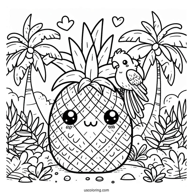 Kawaii Pineapple Coloring Page With Parrot in Tropical Jungle For Kids