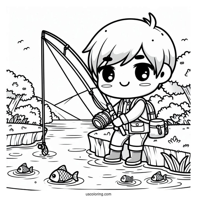 Fishing Coloring Page Of Kawaii Chibi Man Holding Fishing Rod In Front Of River