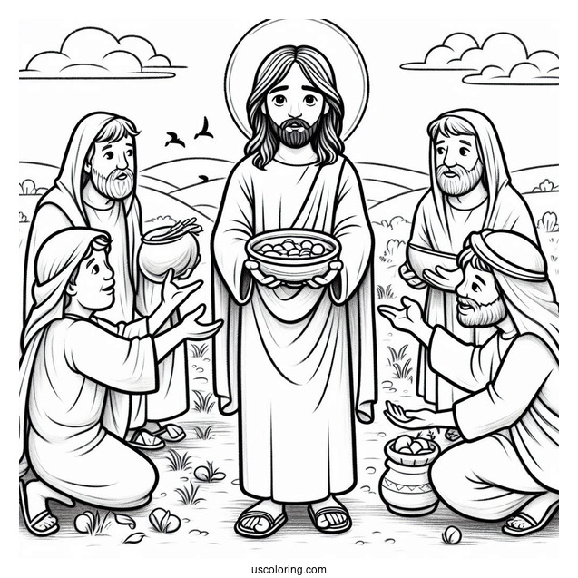 Jesus Coloring Page Distributing Food To His Followers