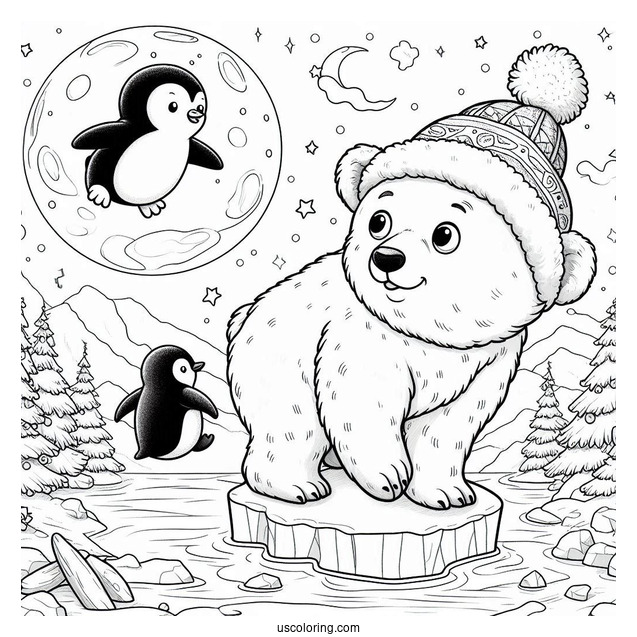 Young Bear And Penguin Floating On An Ice In The North Pole Coloring Page