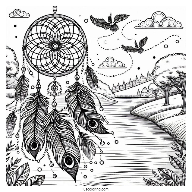 Dreamcatcher With Peacock Coloring Page Feathers Over River Landscape