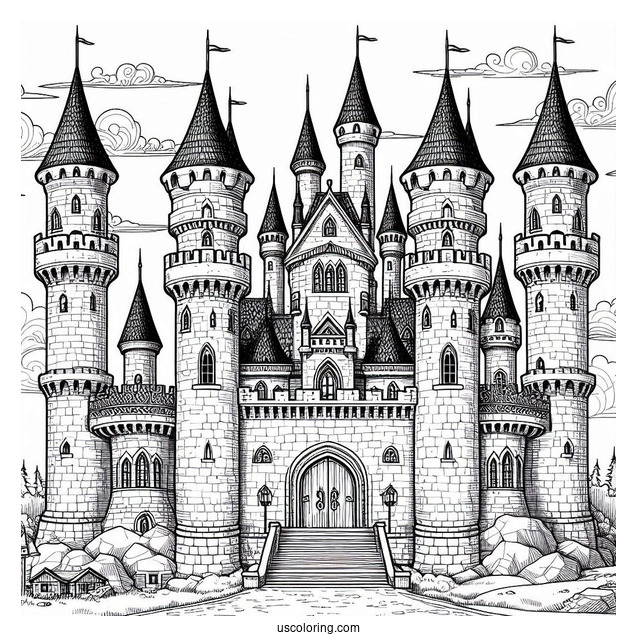 Detailed Castle Coloring Page With Towers