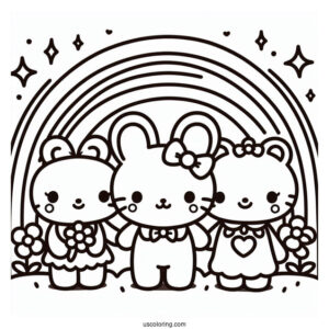 Sanrio Coloring Pages Of Friends In Front Of Rainbow