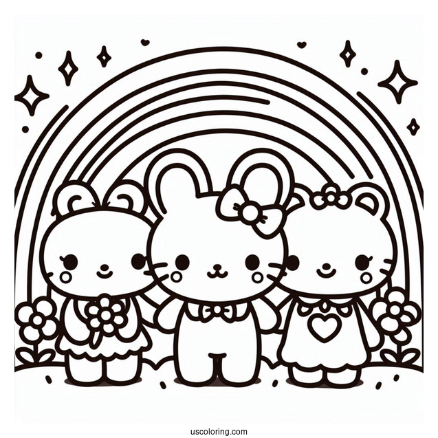 Sanrio Coloring Pages Of Friends In Front Of Rainbow