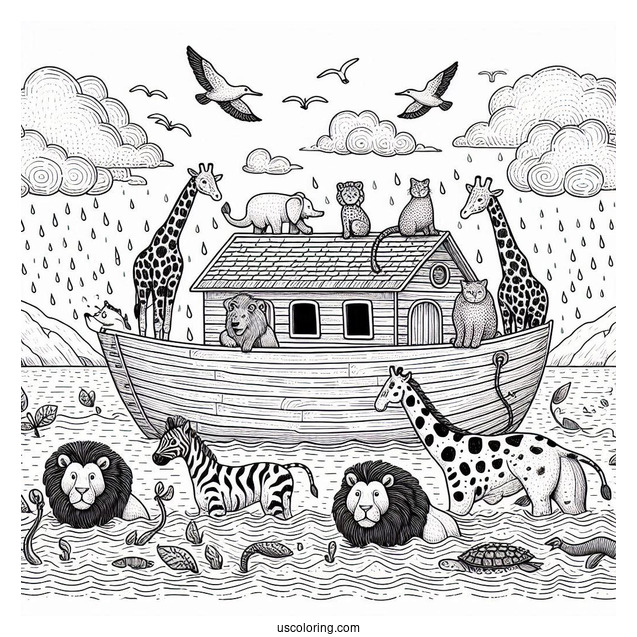Noah's Ark Coloring Page Of Detailed Giraffe, Hippo, Snake, Lion, And Other Animals At Sea