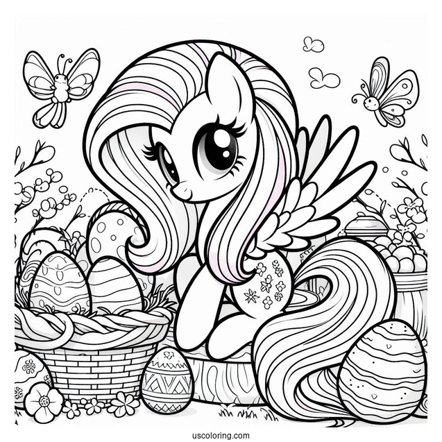 Coloring Sheet of Fluttershy With Easter Eggs and Bunny