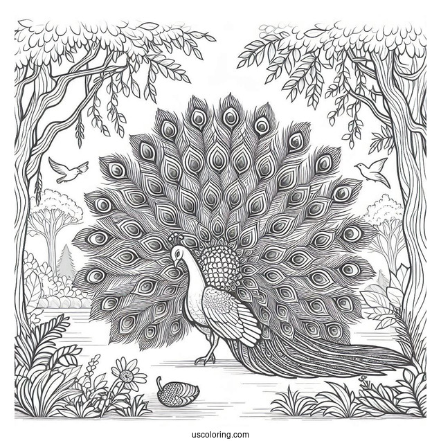 Peacock Coloring Page with Fully Fanned Tail in Forest Clearing For Adults