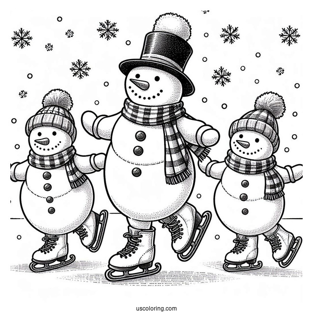 Three Snowmen Ice Skating During Christmas