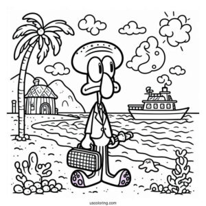 Simple Squidward Coloring Page Going On Vacation