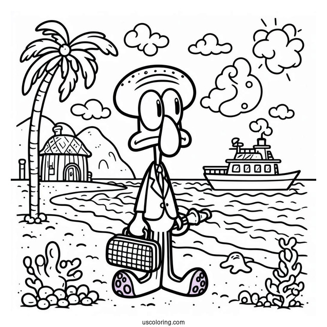 Simple Squidward Coloring Page Going On Vacation