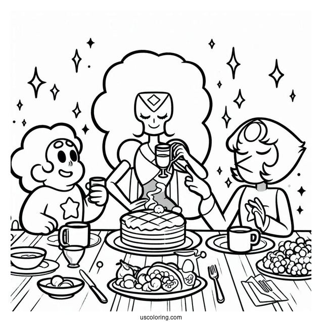 Steven Universe Coloring Page Of Having Breakfast With Pearl, Garnet, And Amethyst