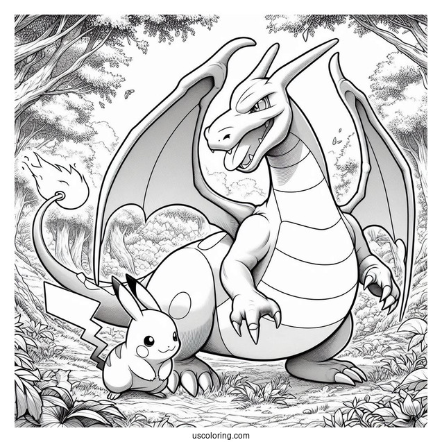 Realistic Charizard With Pikachu In The Forest Coloring Sheet