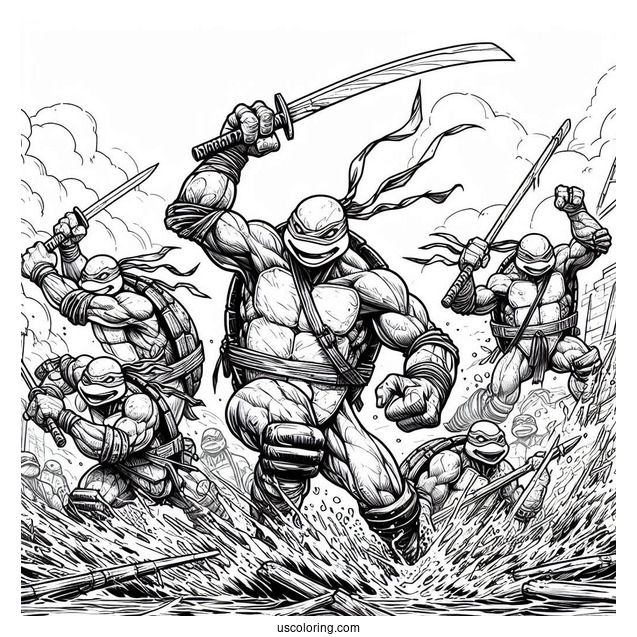 Ninja Turtles Coloring Page Of Raphael, Donatello, Michelangelo, And Leonardo Charging At Enemy