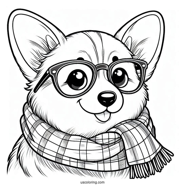 Cute Corgi Coloring Page With Scarf And Eyeglasses For Preschoolers