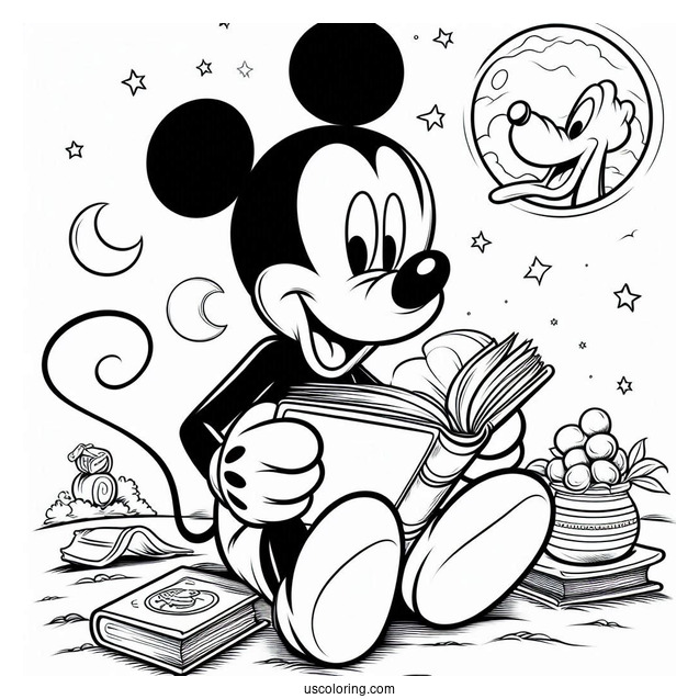Mickey Mouse Reading A Book To Pluto Coloring Page