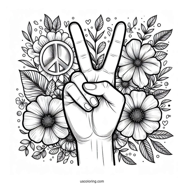 Realistic Hand Making Peace Coloring Page Sign While Covered In Flowers