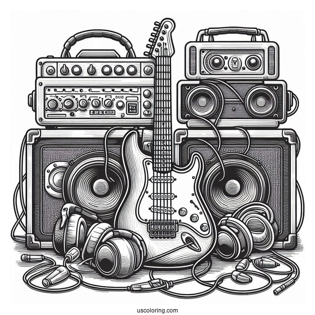 Music Coloring Page Of Electric Guitar With Speakers, Amplifiers, Headphones, And Cables