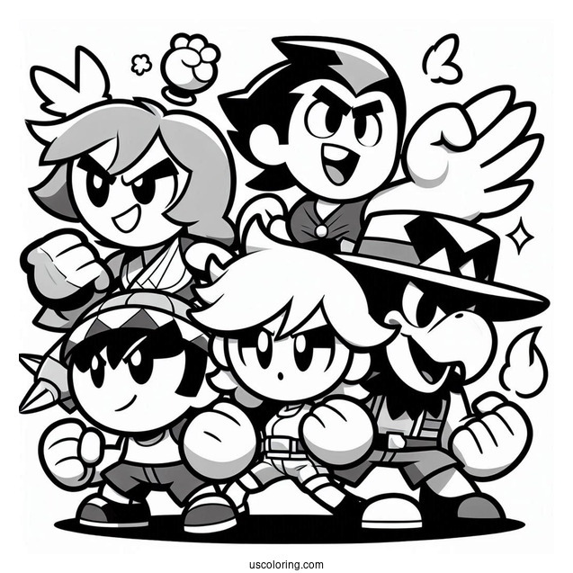 Brawl Stars Coloring Page Of Shelly, Spike, Pam, Piper, Rico, And Crow In A Brawl