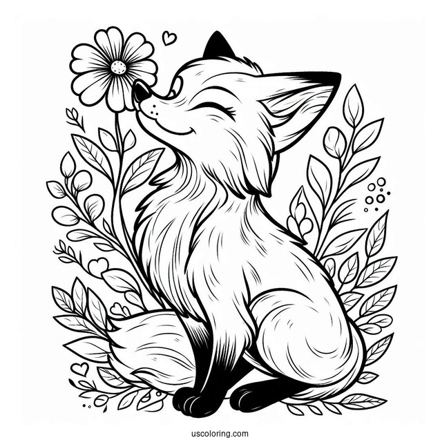 Beautiful Fox Coloring Page Smelling Flowers