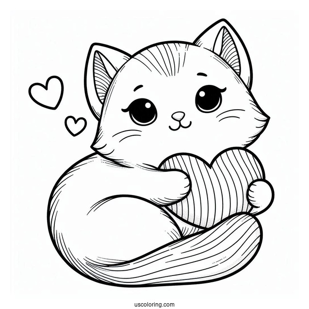 Cat Embracing Heart Coloring In