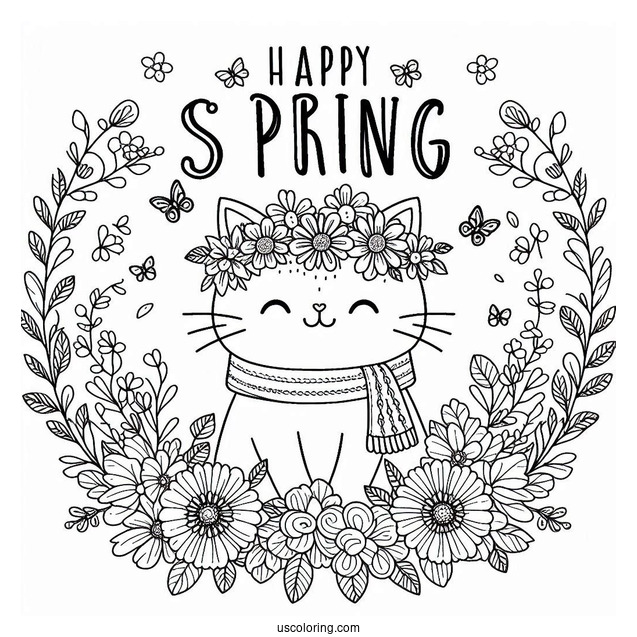 Happy Spring Words Above A Cat Wearing A Flower Wreath Coloring Sheet