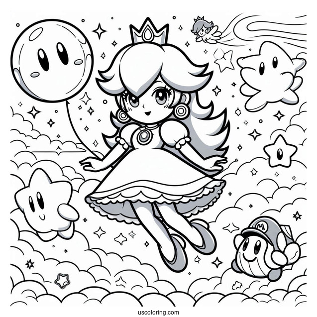 Rosalina Flying In The Sky With Luma, Mario, And Star Fox Coloring Sheet