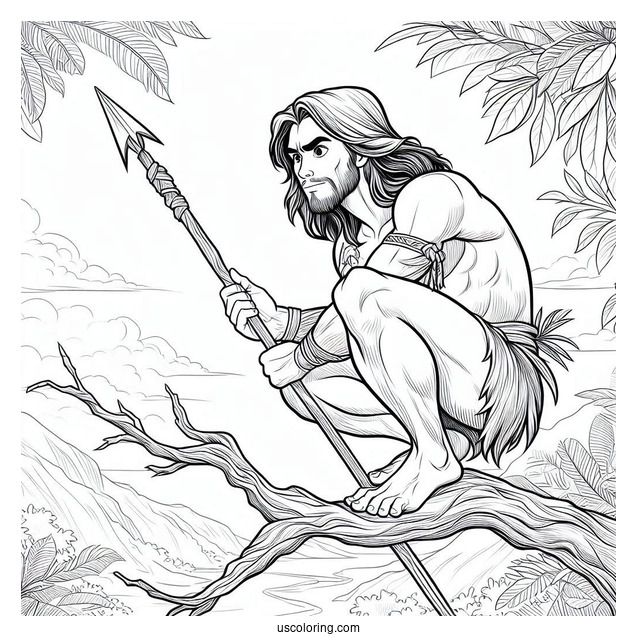Tarzan Coloring Page Holding Spear While Crouched On Tree Branch