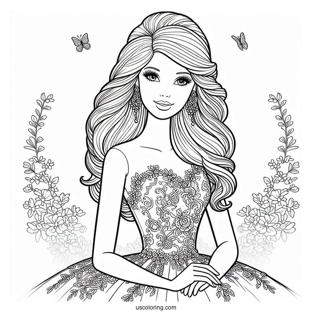 Princess Barbie In Gown Coloring Page
