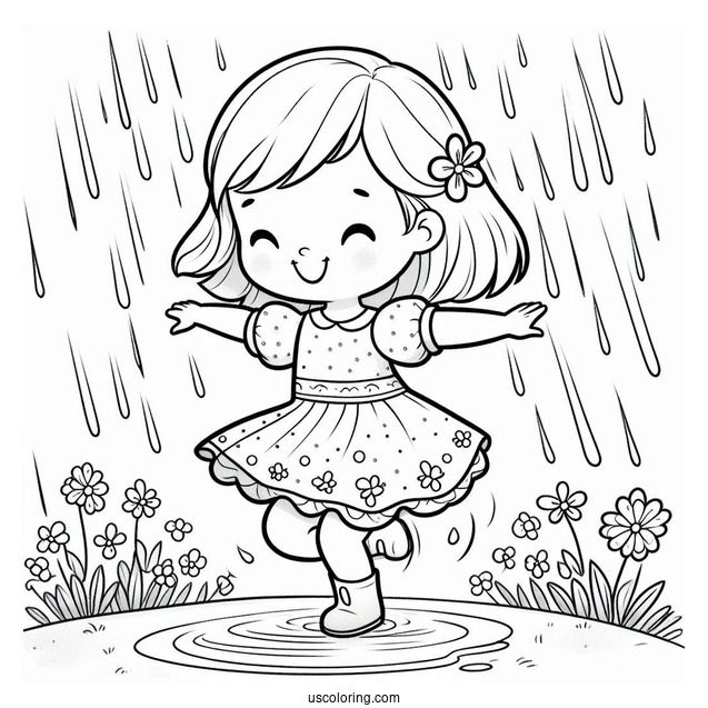 Little Boy Dancing In Spring Coloring Page Rain For Kids