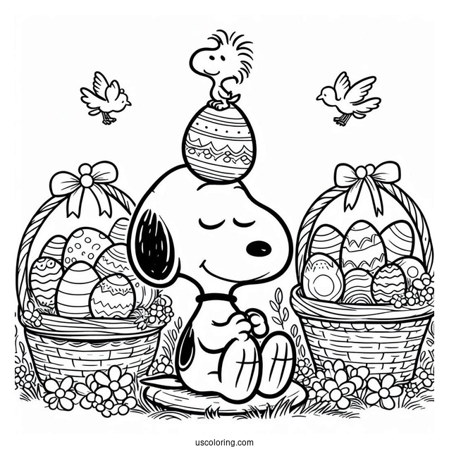 Easter Coloring Page Of Snoopy Balancing Easter Eggs With Woodstock On Top