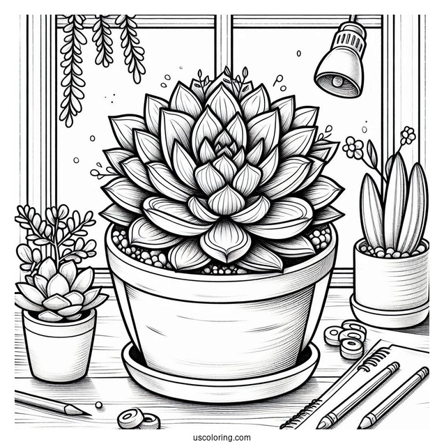 Succulent Coloring Page In A House Flower Pot