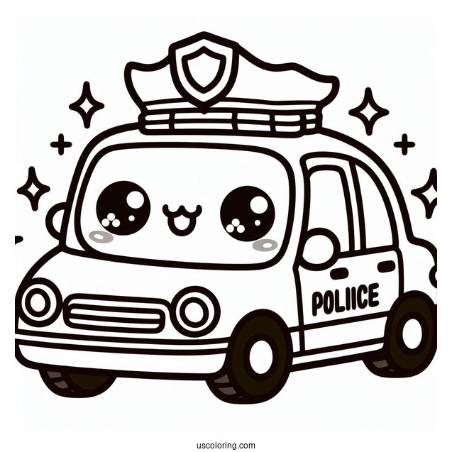 Kawaii Police Car Coloring Page With An Officer Inside Waving For Preschoolers