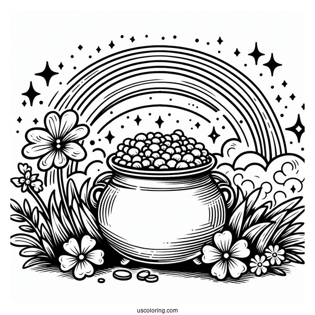 Pot Of Gold At End Of The Rainbow To Color