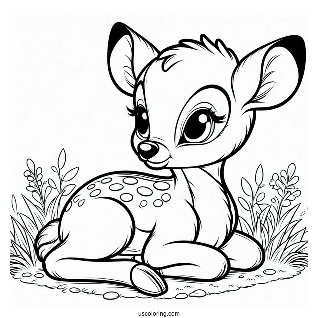 Bambi Sitting On Grass Coloring In