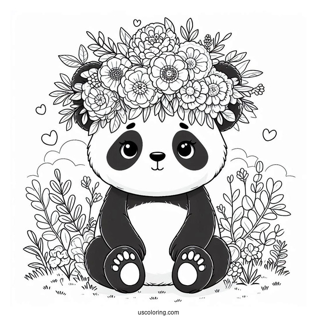 Cute Panda Coloring Page Sitting with Giant Floral Crown in a Meadow