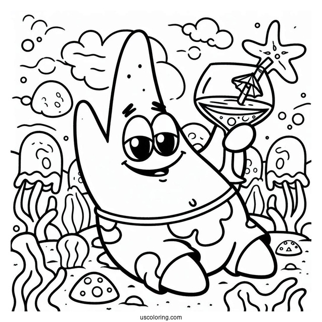 Patrick Star Coloring Page Drinking Cocktail In Front Of Jelly Fields