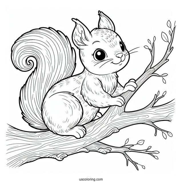 Easy Outline Of Two Squirrels Coloring Page On Tree Branch