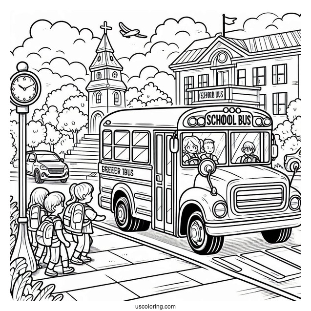 School Bus Picking Up Students At Bus Stop