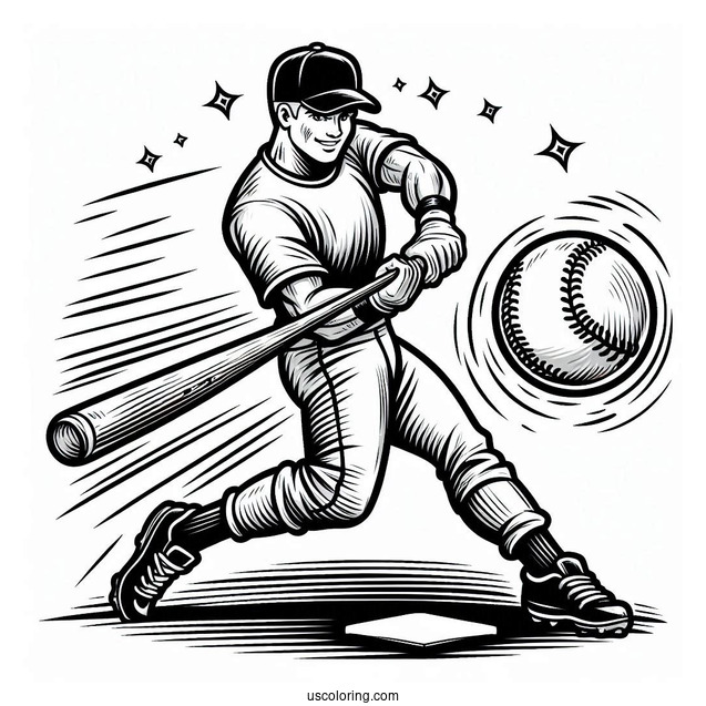 Powerful Baseball Coloring Page Of Swing with Comic Effect