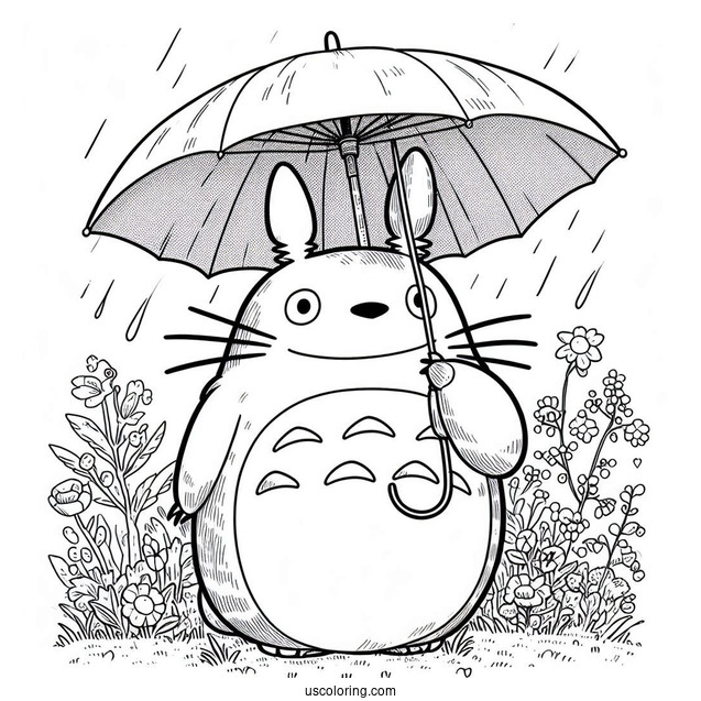 Studio Ghibli Coloring Page of My Neighbor Totoro Holding Umbrella For Kids