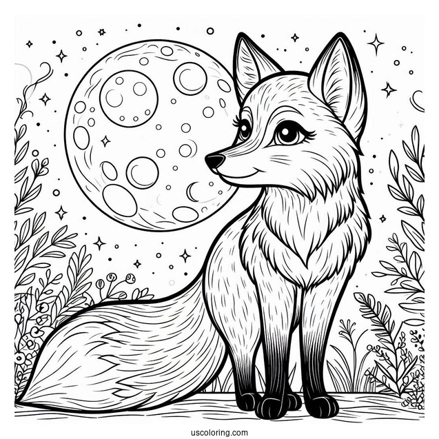 Fox Coloring Page Looking At Full Moon