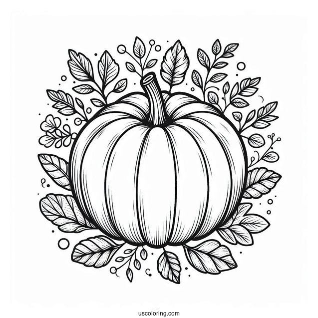 Round Pumpkin Coloring Page Surrounded By Leaves And Vines
