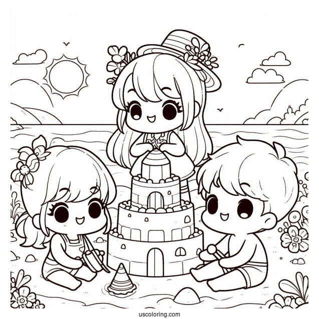 Summer Coloring Page Of Cute Chibi Children Making A Sandcastle For Kids