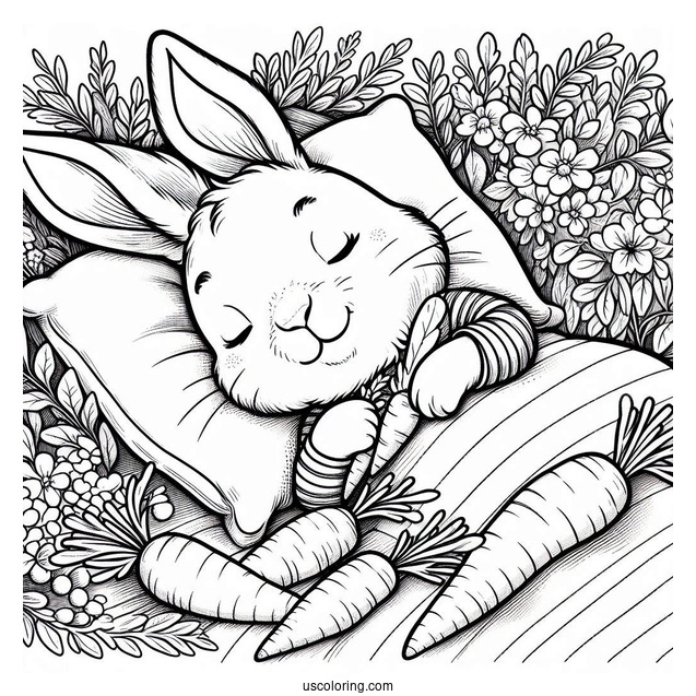 Peter Rabbit Coloring Page Lying On A Bed Of Carrots