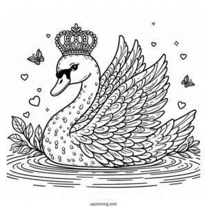 Swan Coloring Page With Crown In The Pond